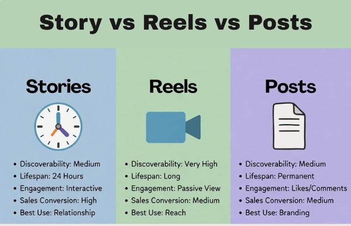 story vs reels vs posts comparison (2026)
